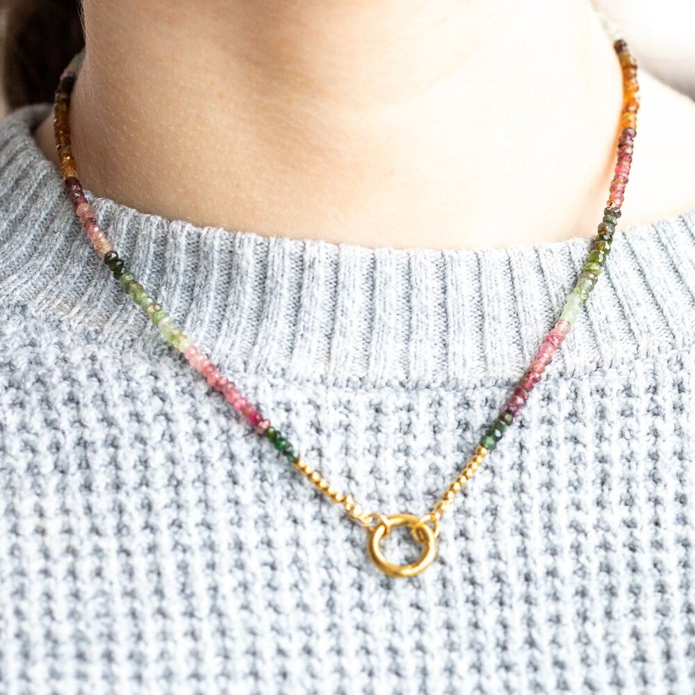 Watermelon Tourmaline Necklace Gemstone Beaded Necklace Gold Charm Clasp PRETTY - Picture 7 of 12